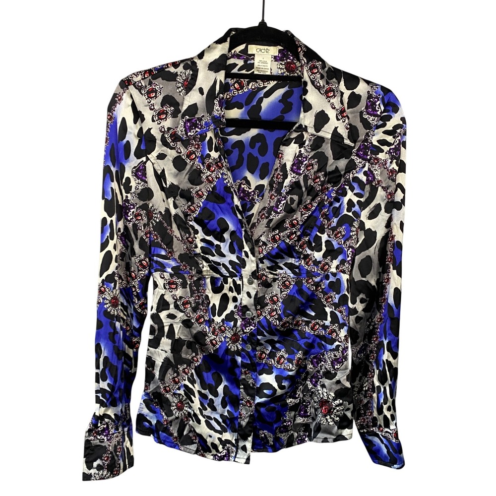 Cache Silk Blend Animal Jewel Print Button Down Blouse Blue Black‎ Womens Small